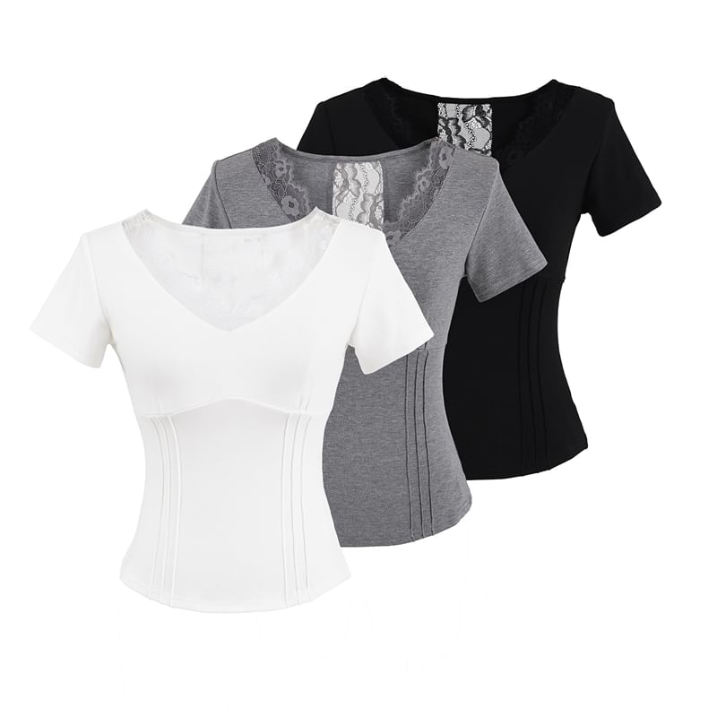V-Neck Lace-Trim Short-Sleeved Top