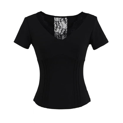 V-Neck Lace-Trim Short-Sleeved Top