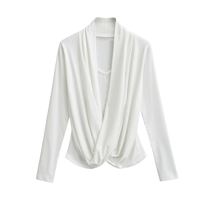 Cowl Neck Lace-Trim Long-Sleeved Tee