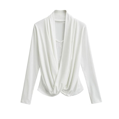 Cowl Neck Lace-Trim Long-Sleeved Tee