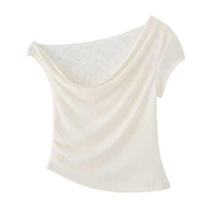 Asymmetric Ruched Cropped Tee with Lace Panel & One Shoulder