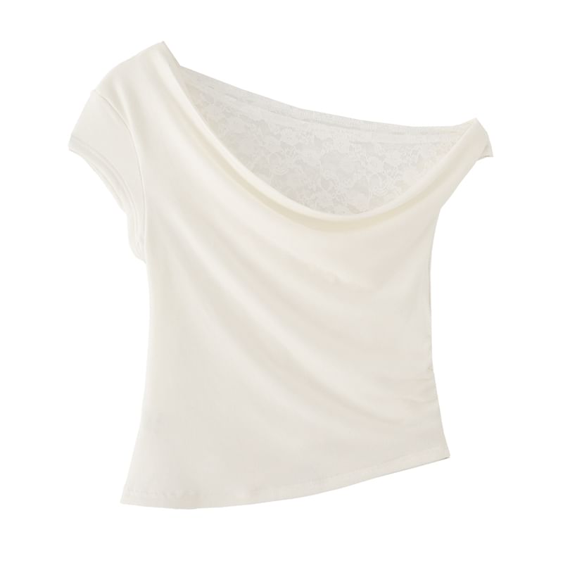 Asymmetric Ruched Cropped Tee with Lace Panel & One Shoulder