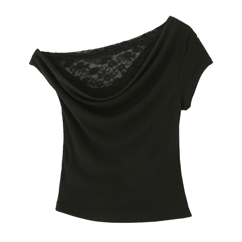 Asymmetric Ruched Cropped Tee with Lace Panel & One Shoulder