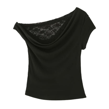 Asymmetric Ruched Cropped Tee with Lace Panel & One Shoulder