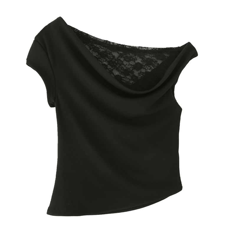 Asymmetric Ruched Cropped Tee with Lace Panel & One Shoulder
