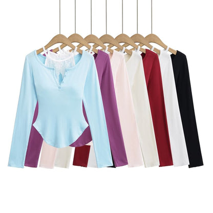 V-Neck Lace-Trim Long-Sleeved Tee