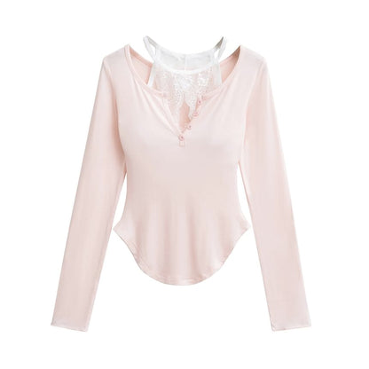 V-Neck Lace-Trim Long-Sleeved Tee
