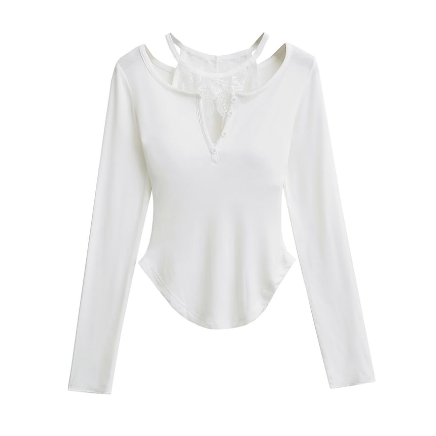 V-Neck Lace-Trim Long-Sleeved Tee