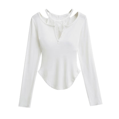 V-Neck Lace-Trim Long-Sleeved Tee