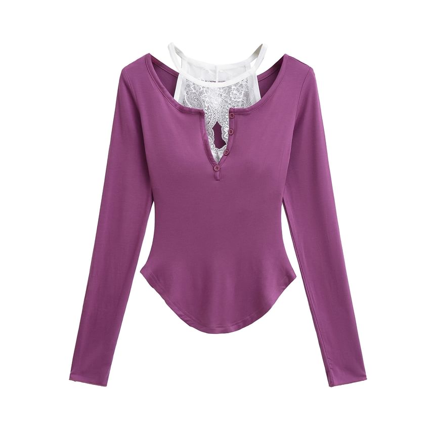 V-Neck Lace-Trim Long-Sleeved Tee