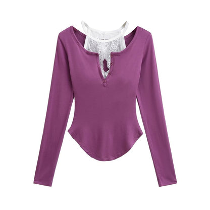 V-Neck Lace-Trim Long-Sleeved Tee