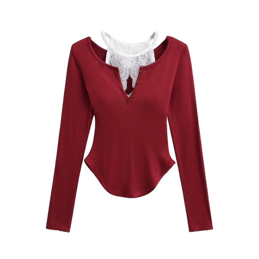 V-Neck Lace-Trim Long-Sleeved Tee