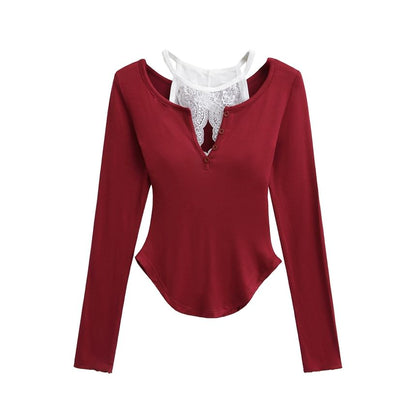 V-Neck Lace-Trim Long-Sleeved Tee