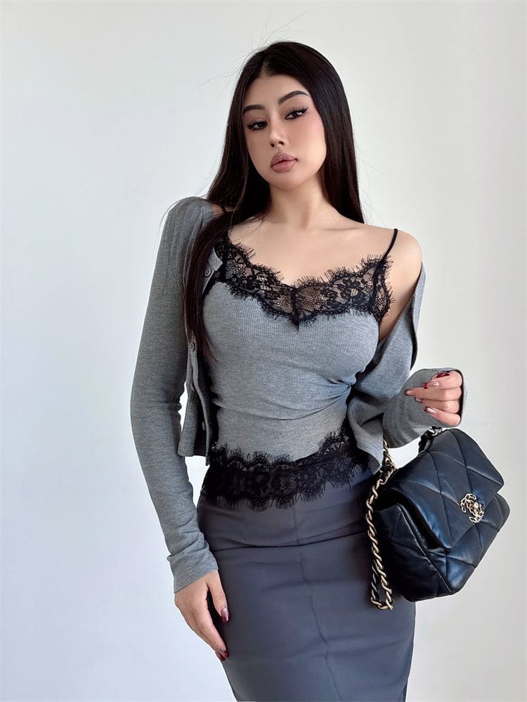 Lace Cami & Button Cardigan Set