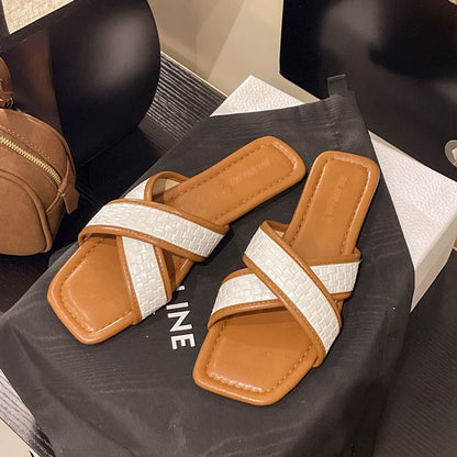 Square-Toe Cross Strap Slide Sandals