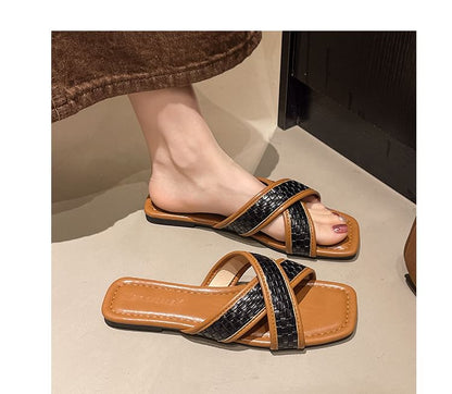 Square-Toe Cross Strap Slide Sandals