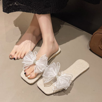 Square-Toe Mesh Floral Slide Sandals