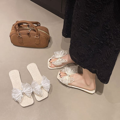 Square-Toe Mesh Floral Slide Sandals