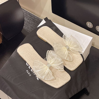 Square-Toe Mesh Floral Slide Sandals