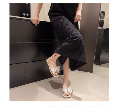 Square-Toe Mesh Floral Slide Sandals