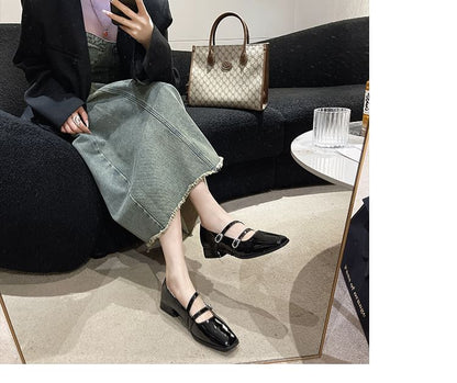 Square-Toe Low Heel Double Strap Sandals