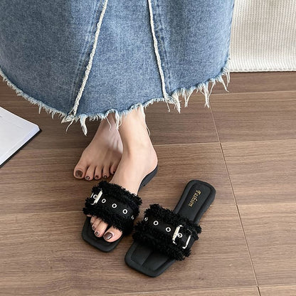 Square-Toe Buckled Tasseled Slide Sandals