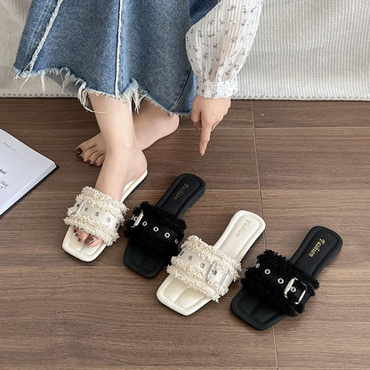 Square-Toe Buckled Tasseled Slide Sandals
