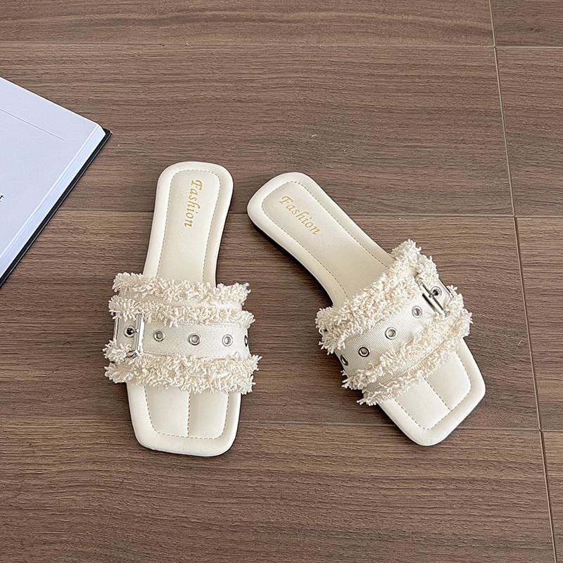 Square-Toe Buckled Tasseled Slide Sandals
