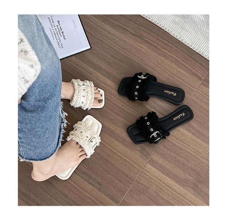 Square-Toe Buckled Tasseled Slide Sandals
