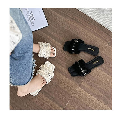 Square-Toe Buckled Tasseled Slide Sandals
