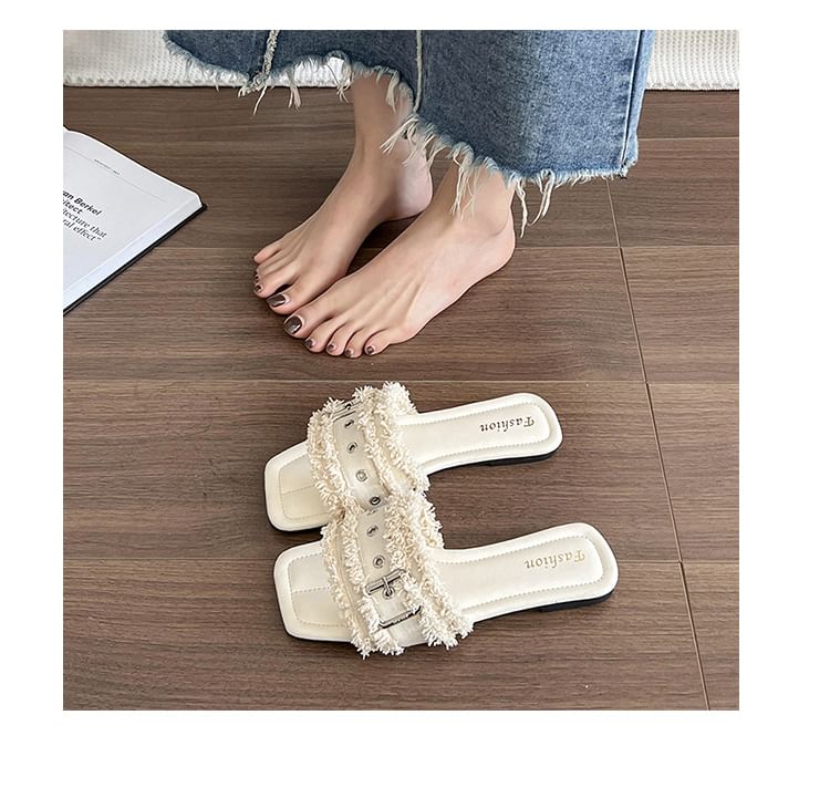 Square-Toe Buckled Tasseled Slide Sandals