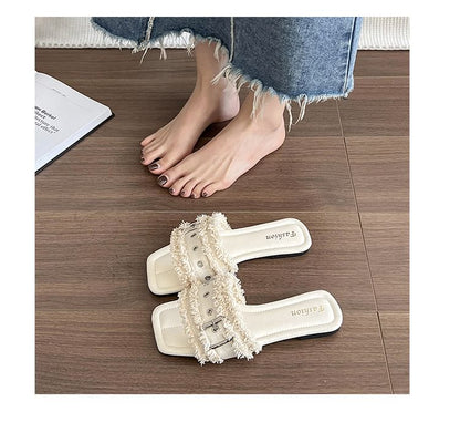 Square-Toe Buckled Tasseled Slide Sandals