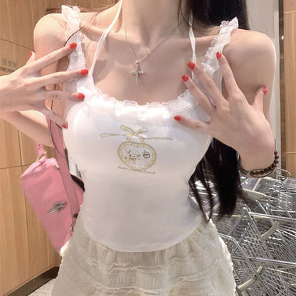 Cartoon Print Lace Trim Crop Cami Top