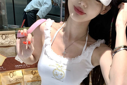 Cartoon Print Lace Trim Crop Cami Top