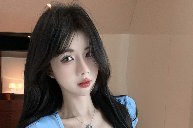 Short-Sleeve Square Neck Bow Lace Trim Crop Slim Fit T-Shirt