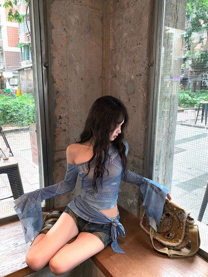 Long-Sleeve Asymmetrical Neck Print Crop Slim Fit Tee