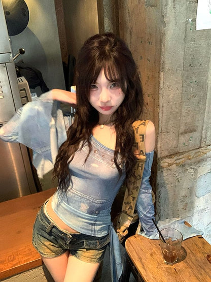 Long-Sleeve Asymmetrical Neck Print Crop Slim Fit Tee