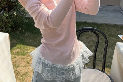 Mock Two-Piece Long-Sleeve Halter Lace Panel Slim Fit Tee