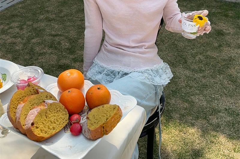 Mock Two-Piece Long-Sleeve Halter Lace Panel Slim Fit Tee