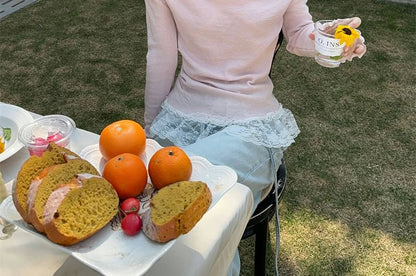 Mock Two-Piece Long-Sleeve Halter Lace Panel Slim Fit Tee