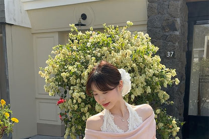 Mock Two-Piece Long-Sleeve Halter Lace Panel Slim Fit Tee