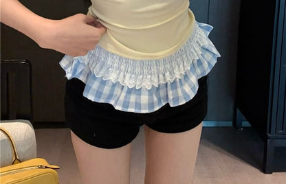 Mock Two-Piece Short-Sleeve Scoop Neck Plaid Panel Ruffle Trim Slim Fit T-Shirt