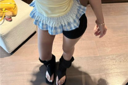 Mock Two-Piece Short-Sleeve Scoop Neck Plaid Panel Ruffle Trim Slim Fit T-Shirt