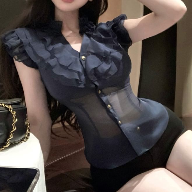 Cap-Sleeve Plain Ruffle Trim Slim Fit Blouse