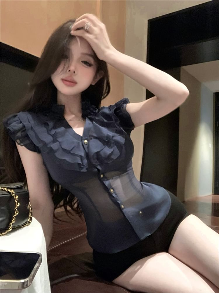 Cap-Sleeve Plain Ruffle Trim Slim Fit Blouse