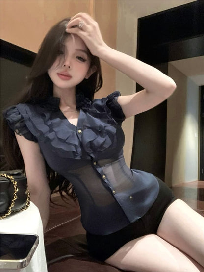 Cap-Sleeve Plain Ruffle Trim Slim Fit Blouse