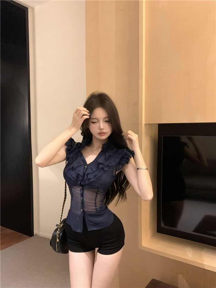 Cap-Sleeve Plain Ruffle Trim Slim Fit Blouse