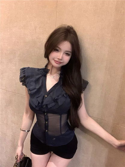 Cap-Sleeve Plain Ruffle Trim Slim Fit Blouse