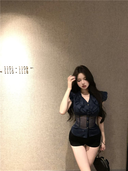 Cap-Sleeve Plain Ruffle Trim Slim Fit Blouse