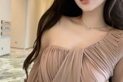 Long-Sleeve Asymmetrical Neck Off-Shoulder Plain Ruched Blouse